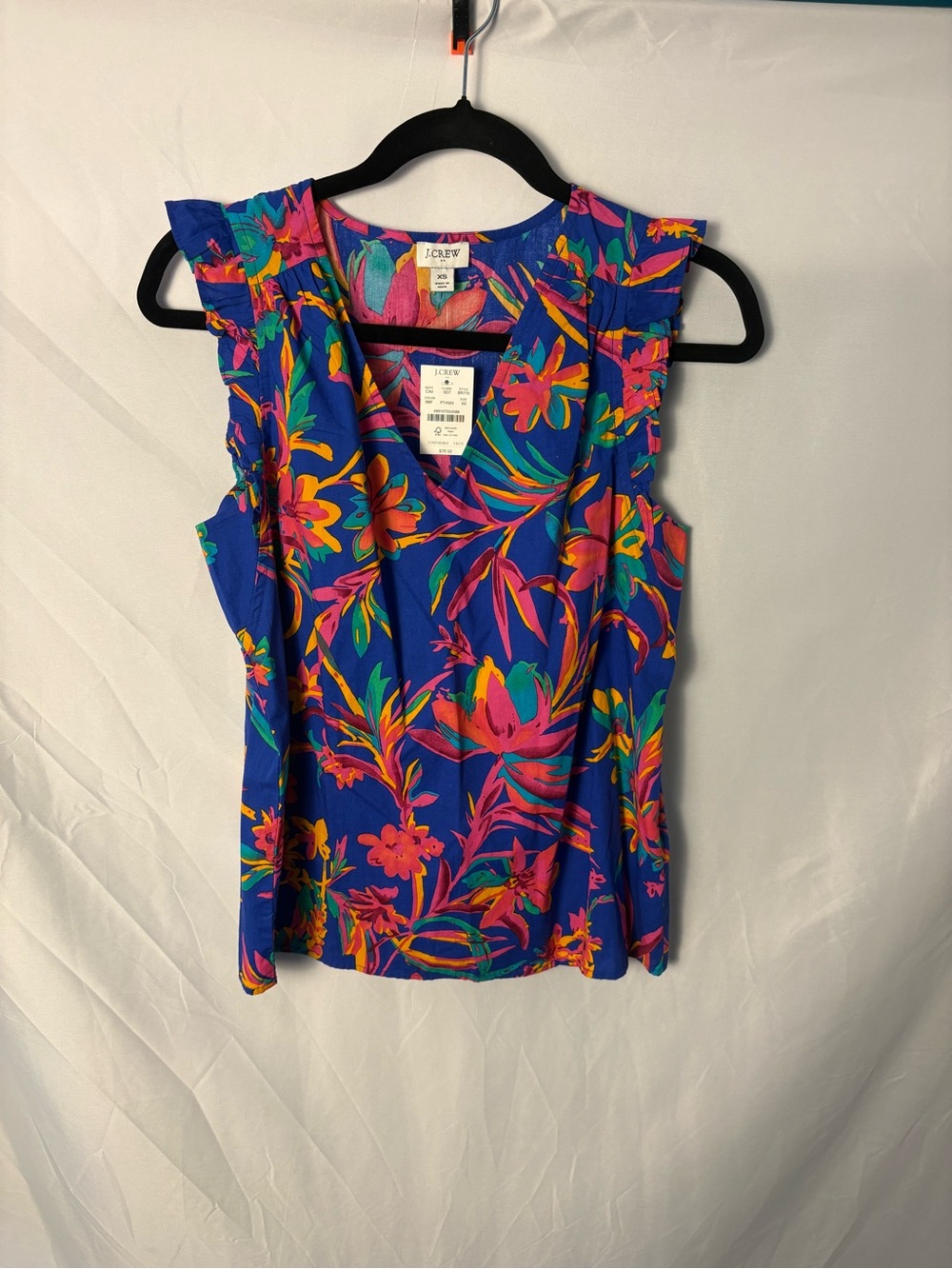 J. Crew Royal Blue and Neon Tropical Floral Flutter-Sleeve Tank Sz XS NWT